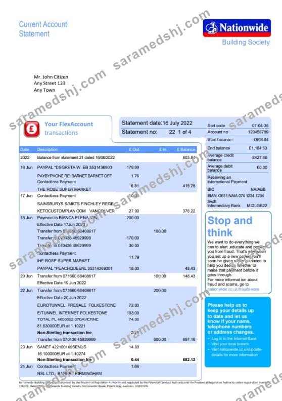 United Kingdom Nationwide bank statement, Word and PDF template, 5 pages, version 2